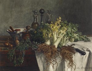 Stilleben på køkkenbordet med selleri, persille, skål og kruetter, 1865 (wc og pen og blæk på papir)